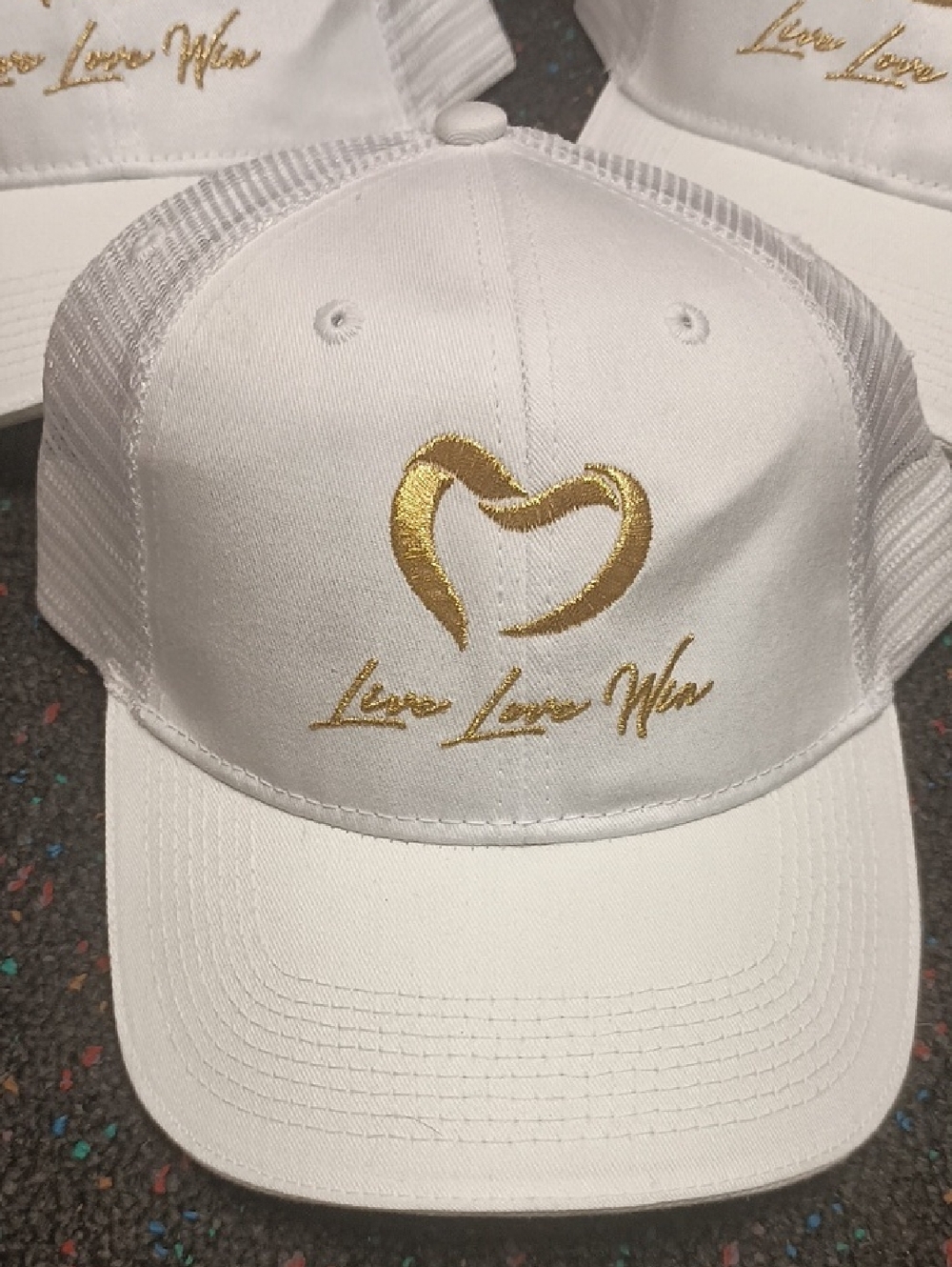 White Trucker Hat with Gold Heart Embroidery